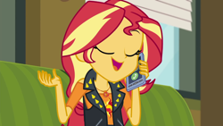 Size: 1280x720 | Tagged: safe, screencap, sunset shimmer, better together, equestria girls, text support, text support: sunset shimmer, cellphone, geode of empathy, magical geodes, phone, smartphone, smiling, solo, talking