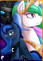 Size: 2480x3506 | Tagged: safe, artist:vavacung, princess celestia, princess luna, alicorn, changeling, pony, comic:when villain win, blushing, fake celestia, poster