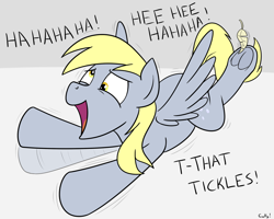 Size: 1440x1154 | Tagged: safe, artist:rapidstrike, derpy hooves, pegasus, pony, dialogue, feather, female, hoof tickling, laughing, mare, prone, solo, spread wings, tickling, underhoof