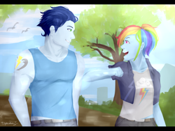 Size: 1400x1050 | Tagged: safe, artist:snowpea123, derpibooru import, rainbow dash, soarin', human, equestria girls, female, male, pony coloring, shipping, soarindash, straight, tree