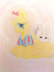 Size: 1024x1365 | Tagged: safe, artist:pancheokun, angel bunny, fluttershy, pegasus, pony, clothes, disney, dress, looking at you, profile, sitting, snow white, traditional art