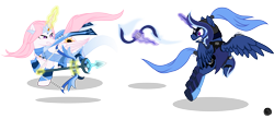 Size: 6857x3000 | Tagged: safe, artist:mythilas, princess celestia, princess luna, alicorn, pony, armor, dota 2, fight, simple background, transparent background, vector