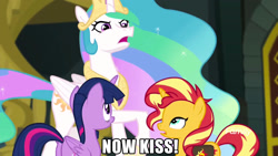 Size: 1920x1080 | Tagged: safe, edit, edited screencap, screencap, princess celestia, sunset shimmer, twilight sparkle, twilight sparkle (alicorn), alicorn, pony, unicorn, equestria girls, equestria girls series, forgotten friendship, female, image macro, lesbian, meme, now kiss, raised hoof, reunion, saddle bag, shipping, sunsetsparkle, the prodigal sunset, trio, trollestia