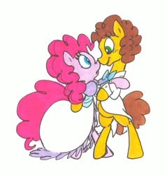 Size: 1286x1344 | Tagged: safe, artist:frankilew, cheese sandwich, pinkie pie, pony, bipedal, cheesepie, clothes, dancing, dress, female, male, shipping, straight, suit, traditional art