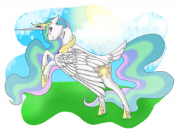 Size: 1600x1200 | Tagged: safe, artist:istarianpony, princess celestia, alicorn, pony, crown, female, horn, mare, multicolored mane, multicolored tail, solo, white coat, white wings, wings