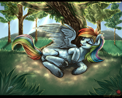 Size: 2600x2100 | Tagged: safe, artist:ell-bro, derpibooru import, rainbow dash, ladybug, pegasus, pony, :p, blank flank, crepuscular rays, cute, dappled sunlight, dock, eyes closed, fluffy, grass, high res, horses doing horse things, on side, rolling, smiling, solo, spread wings, tongue out, tree, underhoof, unshorn fetlocks