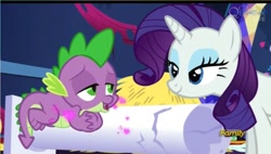 Size: 1077x611 | Tagged: safe, screencap, rarity, spike, dragon, pony, unicorn, castle sweet castle, discovery family logo, female, heart, male, shipping fuel