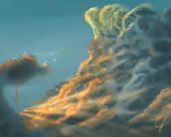 Size: 1024x819 | Tagged: safe, artist:com3tfire, derpibooru import, cloudchaser, daring do, derpy hooves, fluttershy, pinkie pie, rainbow dash, spitfire, twilight sparkle, earth pony, pegasus, pony, cloud, female, scenery, sky