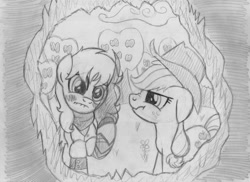 Size: 1024x744 | Tagged: safe, artist:drawponies, applejack, earth pony, pony, commission, crossover, monochrome, ponified, rooster teeth, rwby, sketch, traditional art, tree, yang xiao long