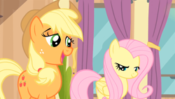 Size: 1280x720 | Tagged: safe, screencap, applejack, fluttershy, earth pony, pegasus, pony, rarity takes manehattan, lidded eyes, out of context