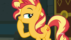 Size: 1920x1080 | Tagged: safe, sunset shimmer, pony, unicorn, better together, equestria girls, forgotten friendship, cheeky, discovery family logo, smiling, smirk, smug, smugset shimmer, solo