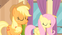 Size: 1280x720 | Tagged: safe, screencap, applejack, fluttershy, earth pony, pegasus, pony, rarity takes manehattan, animation error, eyes closed, glitch