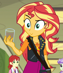 Size: 860x1000 | Tagged: safe, edit, edited screencap, screencap, nolan north, starlight, sunset shimmer, better together, equestria girls, forgotten friendship, :>, background human, chocolate, chocolate milk, cropped, discovery family logo, exploitable meme, meme, milk, pure unfiltered evil, solo focus, spilled milk, sunset holding things