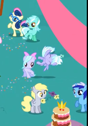 Size: 215x307 | Tagged: safe, screencap, bon bon, cloudchaser, derpy hooves, flitter, lyra heartstrings, minuette, sweetie drops, pony, pinkie pride, braces, cropped, filly, younger