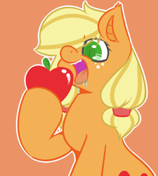 Size: 500x555 | Tagged: safe, artist:koportable, applejack, bat pony, apple, applebat, bat ponified, drool, fangs, race swap, slit eyes, solo, transformation