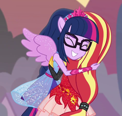 Size: 1000x950 | Tagged: safe, screencap, sci-twi, sunset shimmer, twilight sparkle, better together, equestria girls, forgotten friendship, cropped, hug, ponied up, pony ears, scitwilicorn, wings