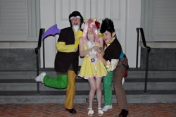 Size: 2048x1358 | Tagged: artist needed, safe, discord, eris, fluttershy, human, 2014, convention, cosplay, irl, irl human, katsucon, katsucon 2014, photo, plushie, rule 63, short dress