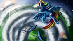 Size: 3840x2160 | Tagged: safe, artist:qbellas, derpibooru import, derpy hooves, rainbow dash, pegasus, pony, cloud