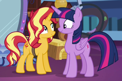 Size: 950x640 | Tagged: safe, screencap, sunset shimmer, twilight sparkle, twilight sparkle (alicorn), alicorn, pony, unicorn, better together, equestria girls, forgotten friendship