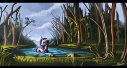 Size: 1220x654 | Tagged: safe, artist:auroriia, rarity, pony, unicorn, scenery, solo, wet, wet mane, wet mane rarity