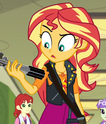 Size: 860x1000 | Tagged: safe, edit, edited screencap, screencap, nolan north, starlight, sunset shimmer, better together, equestria girls, forgotten friendship, background human, cropped, discovery family logo, lightsaber, meme, star wars, sunset holding things, weapon