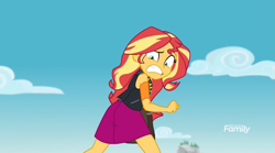 Size: 761x424 | Tagged: safe, screencap, sunset shimmer, better together, equestria girls, forgotten friendship, bag, clothes, cloud, discovery family, discovery family logo, female, looking down, running, scared, skirt, sky, vest, watermark