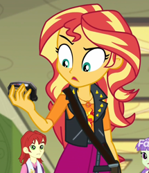 Size: 860x1000 | Tagged: safe, edit, edited screencap, screencap, nolan north, starlight, sunset shimmer, equestria girls, equestria girls series, forgotten friendship, cropped, discovery family logo, hasbro, mighty morphin power rangers, morpher, power morpher, power rangers, sunset holding things, sunset morphs
