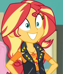 Size: 368x433 | Tagged: safe, screencap, fluttershy, sunset shimmer, better together, equestria girls, forgotten friendship, canterlot high, clothes, cutie mark, cutie mark on clothes, female, geode of empathy, grin, hand on hip, jewelry, magical geodes, necklace, pendant, smiling, sun, vest