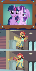 Size: 546x1076 | Tagged: safe, edit, edited screencap, screencap, starlight glimmer, sunset shimmer, twilight sparkle, twilight sparkle (alicorn), alicorn, equestria girls, father knows beast, my past is not today, background pony strikes again, comic, drama, drama bait, exploitable meme, hug, jealous, meme, op is a cuck, op is trying to start shit, out of character, screencap comic, starlight drama, trash can, winghug