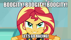 Size: 600x337 | Tagged: safe, edit, edited screencap, screencap, sunset shimmer, better together, driving miss shimmer, equestria girls, darrell waltrip, evil grin, grin, image macro, meme, nascar, smiling, smirk