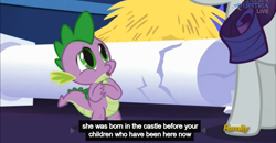 Size: 1600x830 | Tagged: safe, screencap, rarity, spike, dragon, pony, unicorn, castle sweet castle, meme, youtube caption