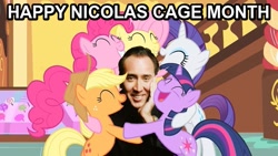 Size: 563x317 | Tagged: safe, applejack, fluttershy, pinkie pie, rarity, twilight sparkle, earth pony, pegasus, pony, unicorn, hug, image macro, nicolas cage, nostalgia critic