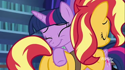 Size: 854x480 | Tagged: safe, screencap, sunset shimmer, twilight sparkle, twilight sparkle (alicorn), alicorn, better together, equestria girls, forgotten friendship, discovery family logo, hug, plot