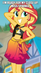 Size: 600x1069 | Tagged: safe, edit, edited screencap, screencap, sunset shimmer, better together, equestria girls, forgotten friendship, belly button, clothes, cute, image macro, meme, sarong, skirt, sunset boulevard, sunset selfie, swimsuit
