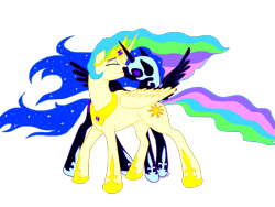 Size: 889x667 | Tagged: safe, artist:tristikov, nightmare moon, princess celestia, alicorn, pony, female, incest, kissing, lesbian, mooncest, shipping