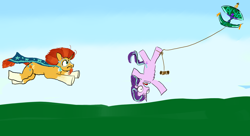 Size: 2200x1200 | Tagged: safe, artist:horsesplease, starlight glimmer, sunburst, pony, unicorn, bulan wau kite, flying, help me, kite, kite flying, malaysia, meme, paint tool sai, pun, screaming, stuck, sunburst is not amused, that pony sure does love kites, unamused, upside down, wau, windswept mane, wow! glimmer