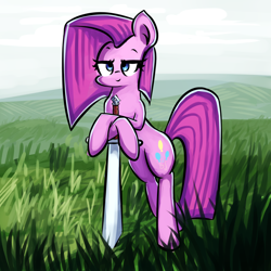 Size: 2700x2700 | Tagged: safe, artist:shovrike, pinkie pie, earth pony, pony, pinkamena diane pie, solo, sword, weapon