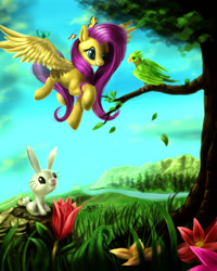 Size: 889x1110 | Tagged: safe, artist:zilvart, angel bunny, fluttershy, bird, butterfly, pegasus, pony, animal, flower, flying, grass, nature, scenery, tree, update