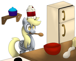 Size: 1280x1024 | Tagged: safe, artist:king-sombrero, derpy hooves, pegasus, pony, bowl, cooking, female, kitchen, malk, mare, milk, mouth hold, refrigerator, solo, spoon