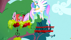 Size: 1366x768 | Tagged: safe, screencap, princess celestia, spike, alicorn, dragon, pony, feeling pinkie keen, mouth hold