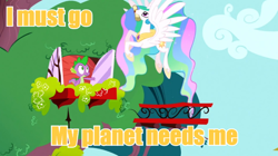 Size: 630x354 | Tagged: safe, princess celestia, spike, alicorn, dragon, pony, i must go, image macro, meme, poochie, the simpsons, yellow text