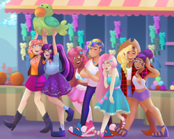 Size: 1280x1018 | Tagged: safe, artist:nichroniclesvsart, derpibooru import, applejack, fluttershy, pinkie pie, rainbow dash, rarity, sci-twi, sunset shimmer, twilight sparkle, better together, equestria girls, rollercoaster of friendship, abs, alternate hairstyle, ball, belly button, boots, clothes, converse, cute, dark skin, diversity, dreas, dress, ear piercing, earring, eyes closed, eyeshadow, female, flannel, flutterdash, geode of empathy, geode of fauna, geode of shielding, geode of sugar bombs, geode of super speed, geode of super strength, geode of telekinesis, glasses, high heel boots, hug, humane five, humane seven, humane six, jacket, jewelry, leather jacket, leggings, lesbian, magical geodes, makeup, midriff, necklace, parakeet, piercing, plushie, ponytail, rarijack, scene interpretation, scitwishimmer, shipping, shoes, shorts, skirt, socks, stockings, sunsetsparkle, tanktop, thigh highs, toy