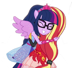 Size: 1000x950 | Tagged: safe, artist:php77, editor:php77, sci-twi, sunset shimmer, twilight sparkle, better together, equestria girls, forgotten friendship, alternate universe, eyes closed, female, happy, lesbian, ponied up, scitwishimmer, shipping, simple background, smiling, sunsetsparkle, transparent background