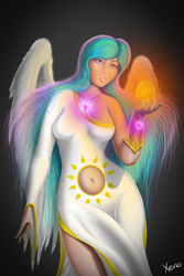 Size: 1000x1500 | Tagged: safe, artist:the1xeno1, princess celestia, human, belly button, clothes, dress, humanized, light skin, navel cutout, solo