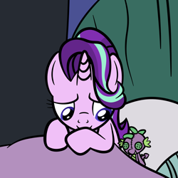 Size: 1626x1624 | Tagged: safe, artist:pony4koma, spike, starlight glimmer, dragon, pony, unicorn, bed, bedroom, implied sparlight, spike plushie, starlight's room