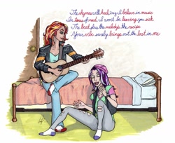 Size: 1280x1046 | Tagged: safe, artist:manly man, starlight glimmer, sunset shimmer, human, equestria girls, beanie, bed, bedroom, clothes, female, guitar, hat, human coloration, ink, jacket, leather jacket, lesbian, lyrics, markers, rapping, shimmerglimmer, shipping, socks, text, traditional art, vest