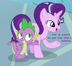 Size: 486x450 | Tagged: safe, edit, edited screencap, screencap, spike, starlight glimmer, dragon, pony, unicorn, bullshit, cropped, dialogue, duo, female, let me tell you why that's bullshit, male, mare, reaction image, text, vulgar