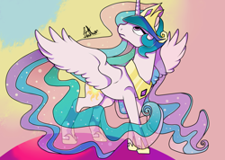 Size: 1024x731 | Tagged: safe, artist:sofilut, princess celestia, alicorn, pony, looking up, solo, spread wings