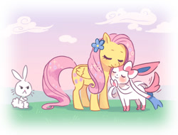 Size: 658x500 | Tagged: safe, artist:hinohimesan, angel bunny, fluttershy, pegasus, pony, :<, crossover, cute, eyes closed, flower, flower in hair, pokémon, shyabetes, sylveon