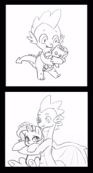 Size: 1217x2259 | Tagged: safe, artist:kianamai, rarity, spike, dragon, pony, unicorn, castle sweet castle, :t, crush plush, cute, delicious circle, female, grayscale, holding a pony, hug, kilala97 is trying to murder us, male, mare, monochrome, older, older spike, plushie, pouting, rarity plushie, role reversal, shipping, smiling, sparilush, sparity, straight, underhoof, winged spike, wings